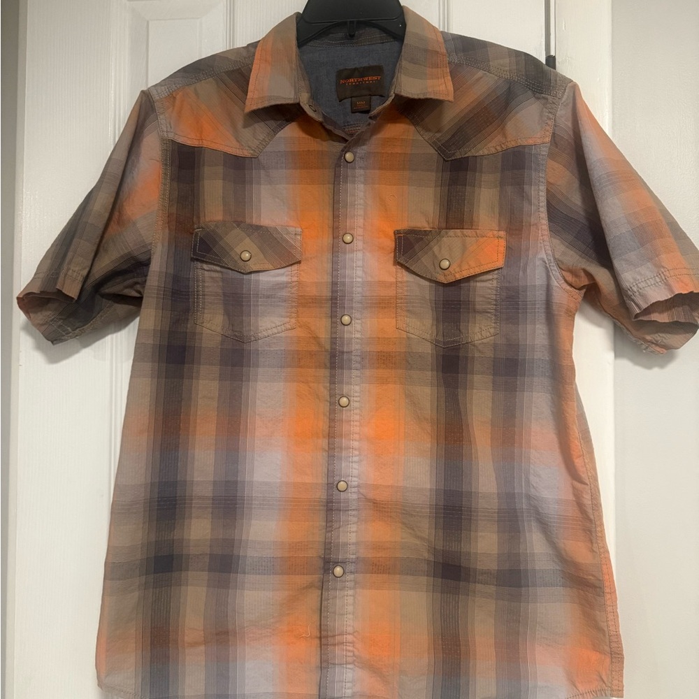 Northwest Men's Casual Plaid Shirt - Orange and Gray